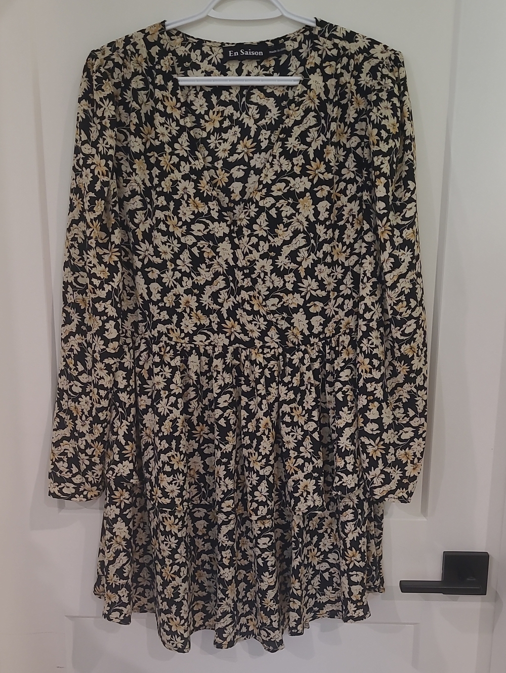 En Saison Black Long-Sleeve Floral Wrap-Style Dress with Cream Floral Print